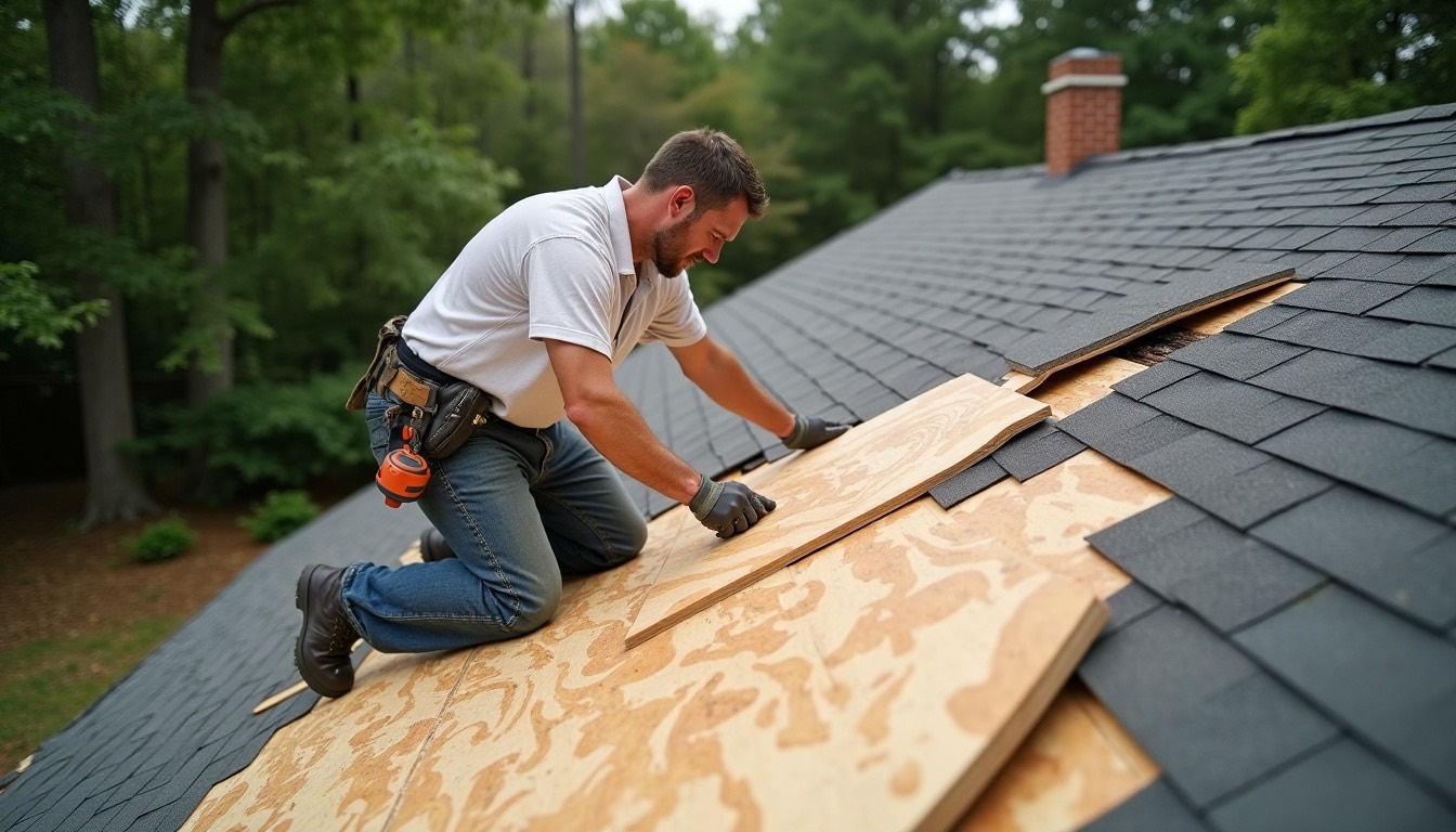 roofer replacing a sheet of rotted plywood decking on an open section of shingle roof, new OSB beside, Alabama suburb