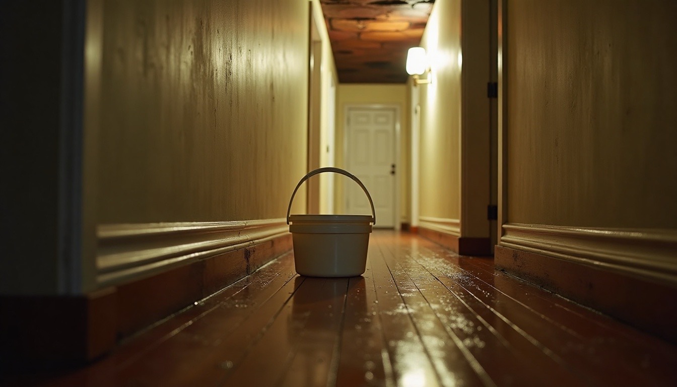 plastic bucket on a hardwood hallway floor catching drips from a sagging wet patch of ceiling, lamp light at night