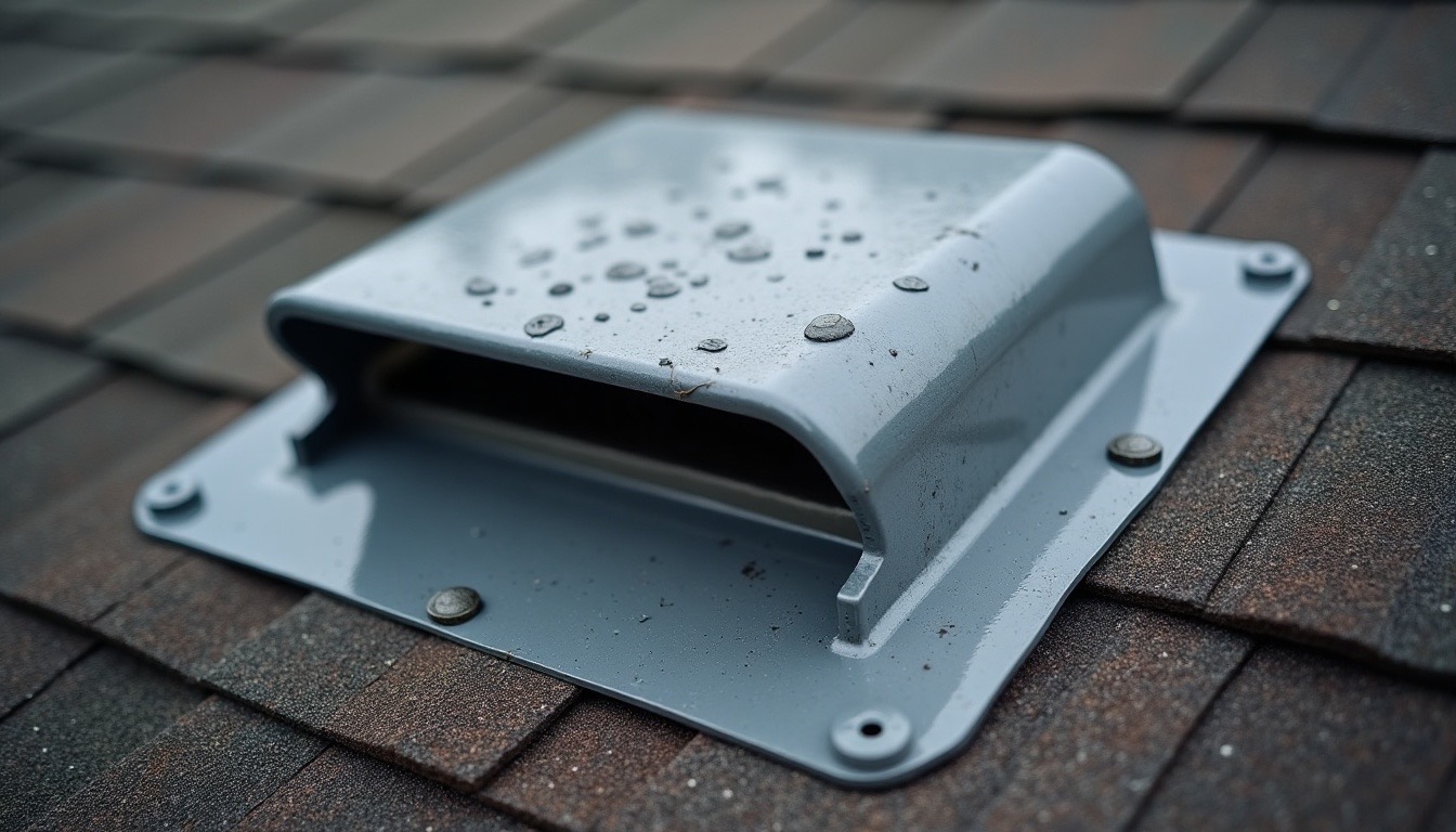 small hail dents on a metal roof vent cap with chalk circles, close-up, overcast