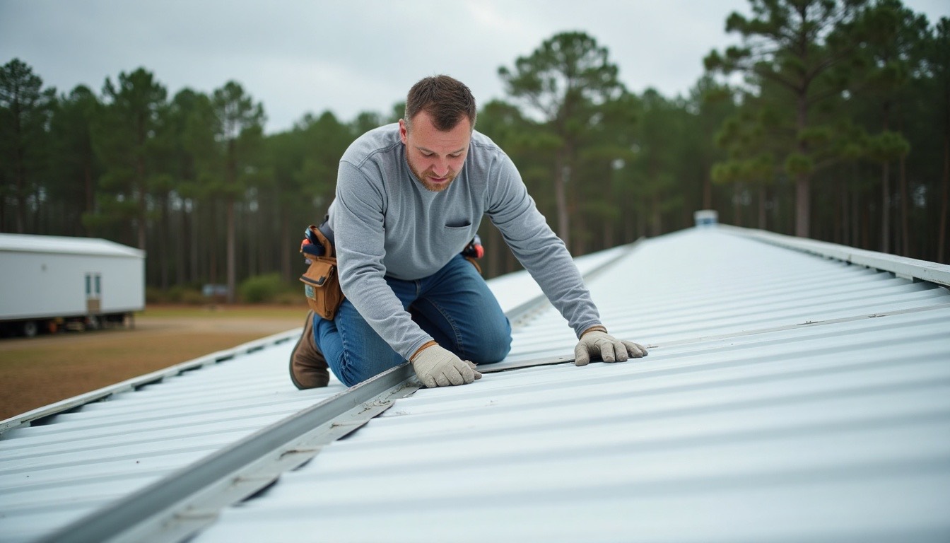 roofer on a single-wide manufactured home roof sealing a seam, rural Alabama lot with pines