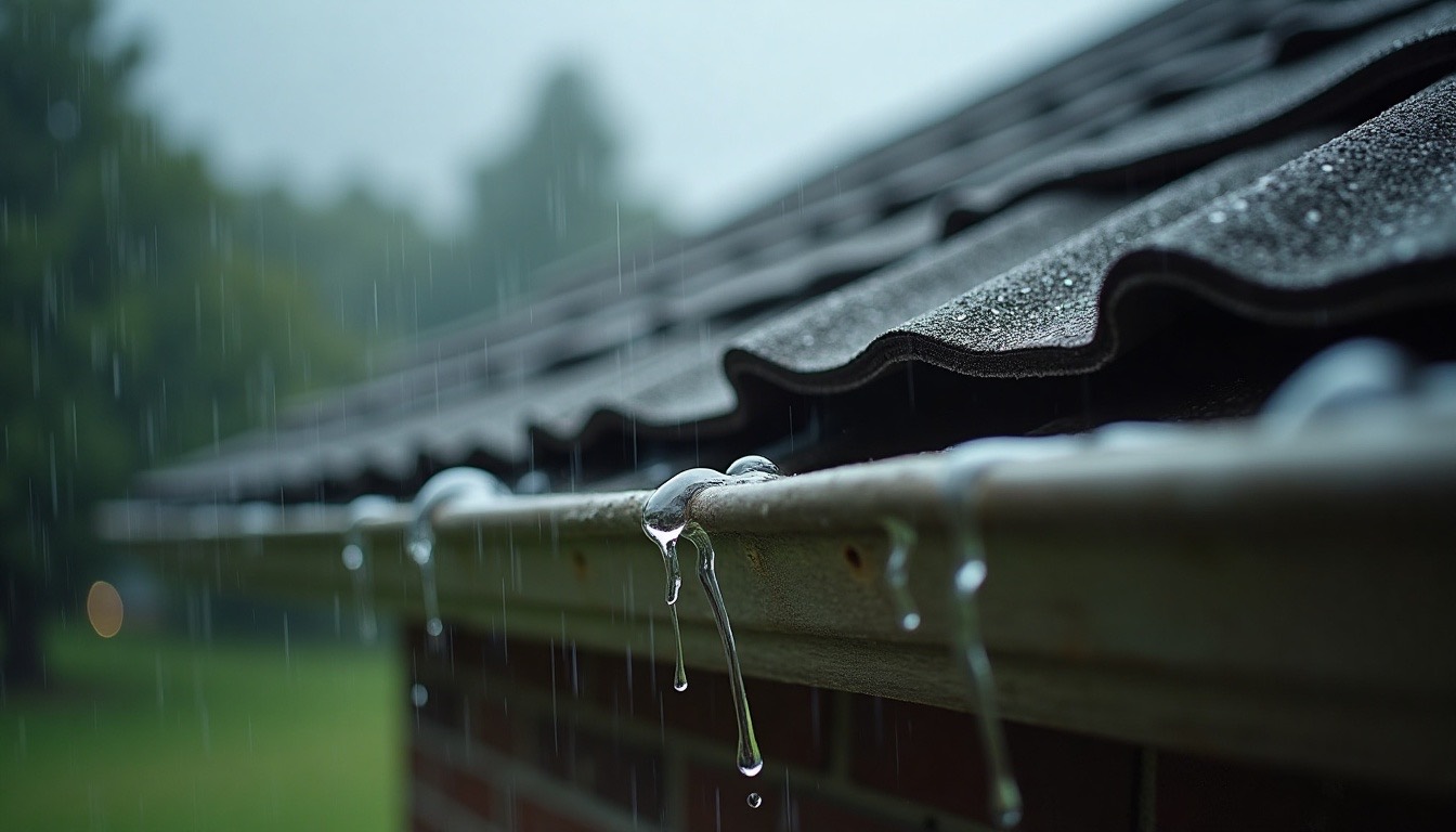 heavy rain running off the edge of an asphalt shingle roof into a gutter, close-up, grey Alabama sky