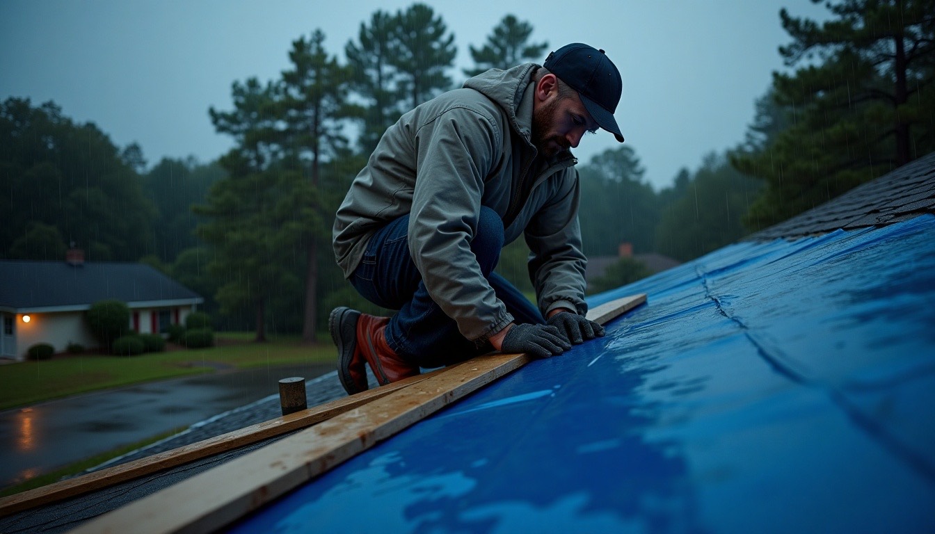 roofer in a rain jacket nailing battens over a blue tarp on a wet shingle roof at dusk, rain falling, Alabama street
