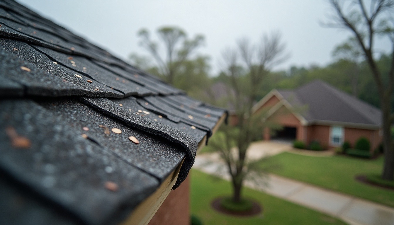 creased and lifted asphalt shingles on a suburban roof after a storm, oak limbs on the lawn, grey sky, Alabama